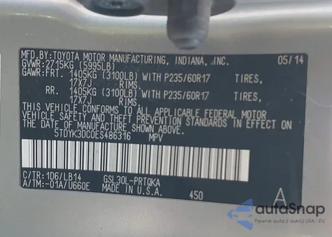 2014 Toyota Sienna Xle V6 8 Passenger z USA, uszkodzony, nr VIN 5TDYK3DC0ES486316